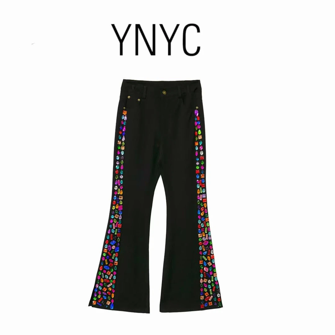 YNYC【依诺原创定制款不退不换】新款重工钉珠开叉喇叭裤 DZ252002