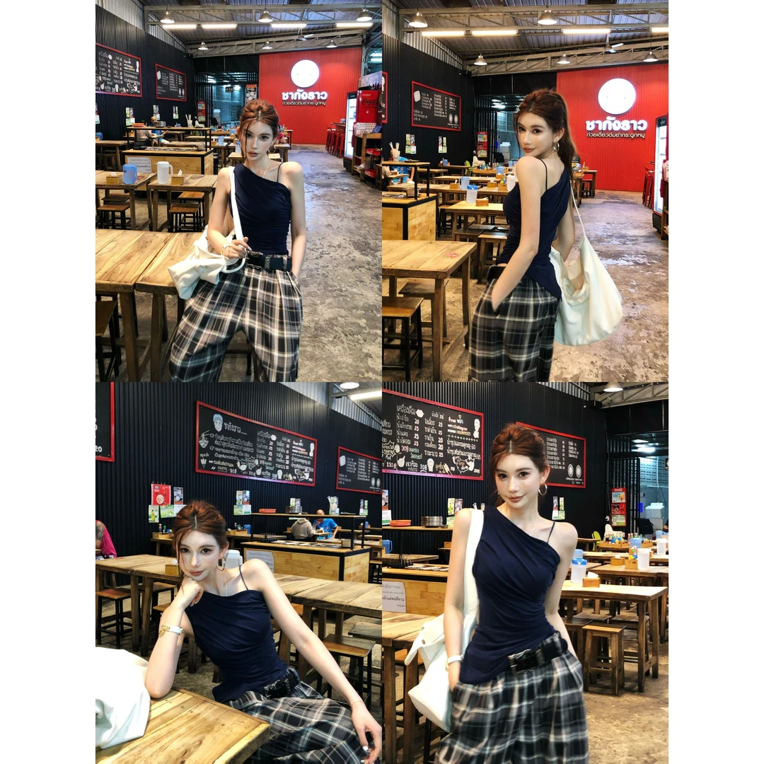 LI婉君【咖啡小姐】气质茶系不规则斜肩吊带中式上衣LWJ24B2TZ1292