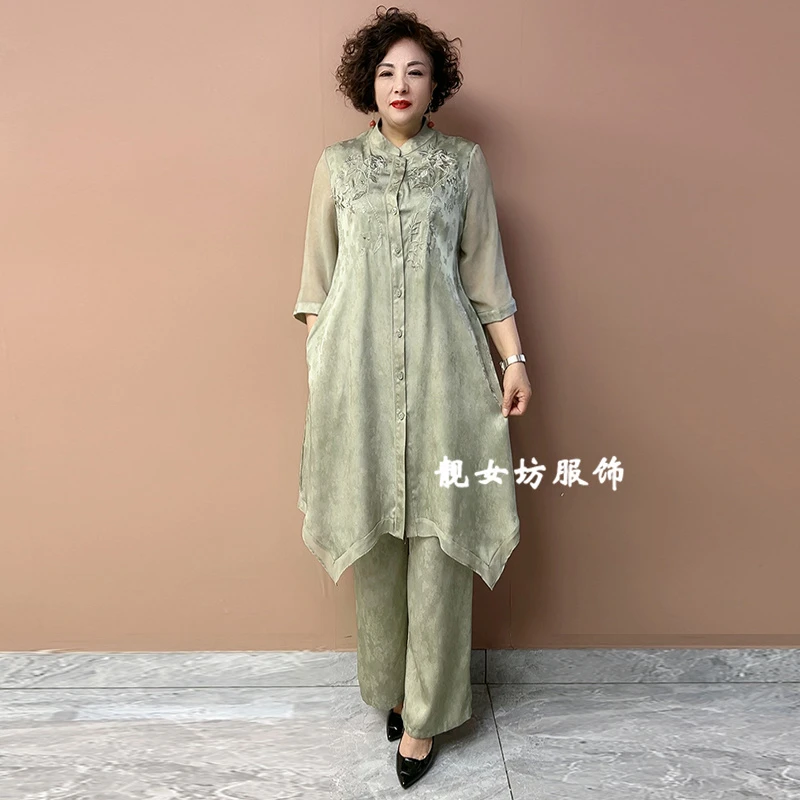 轻奢中长款开衫外披两件套装女夏季新款阔太太宽松大码阔腿裤套装