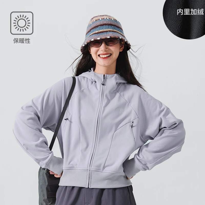 蓝岐2024秋冬季户外女士抓绒上衣保暖连帽徒步短外套