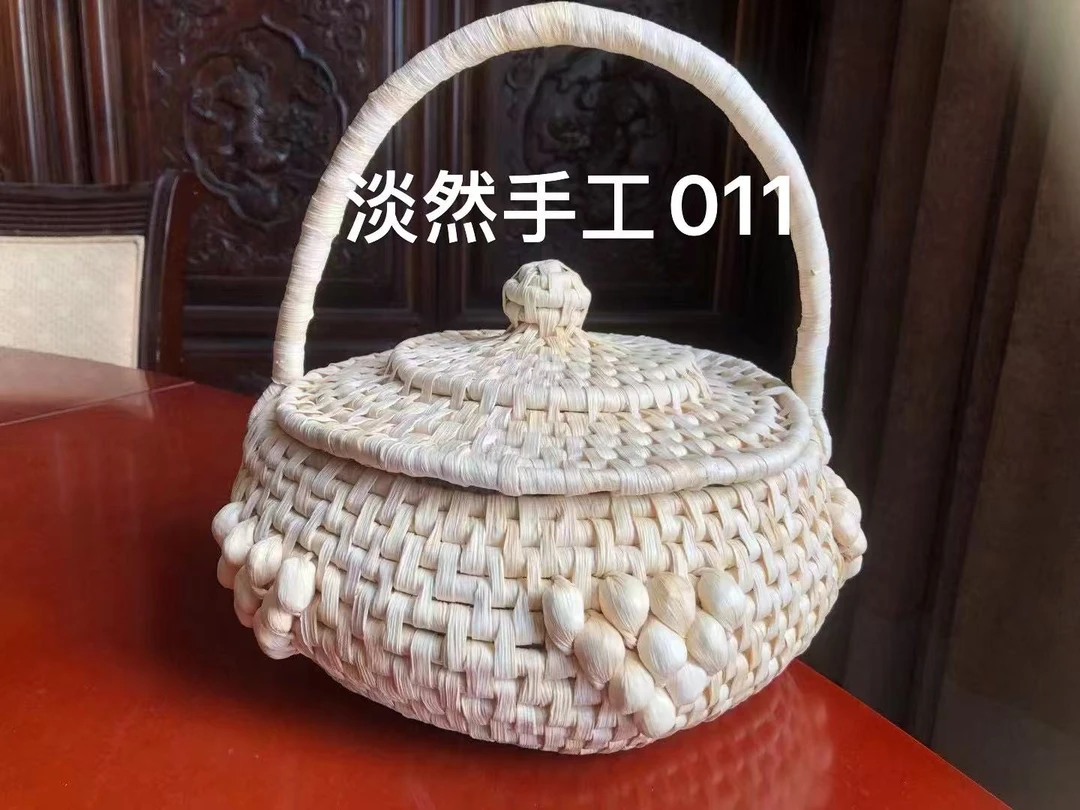 淡然手工玉米皮编织带盖蓝子收纳盒复古圆形蓝子