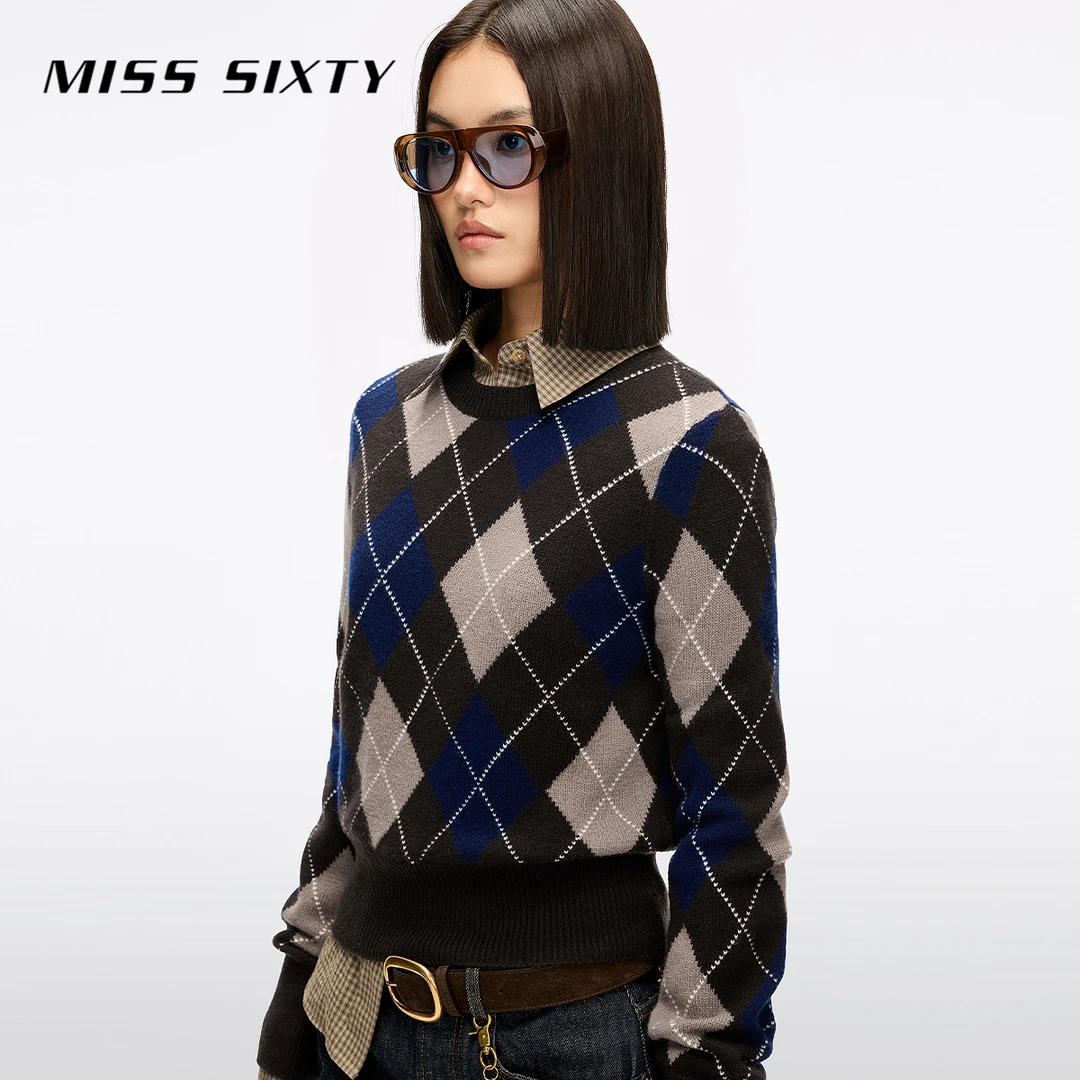 Miss Sixty2025冬季新款针织衫女圆领长袖菱格纹上衣毛衣