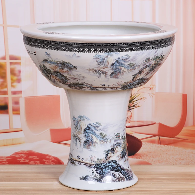 景德镇陶瓷盆落地立柱式鱼缸特大号金鱼缸睡莲碗莲荷花观景盆
