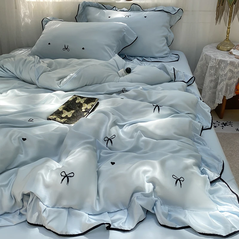 夏季海盐蓝蝴蝶结凉感冰丝四件套夏天丝滑被套床单床上用品三件套