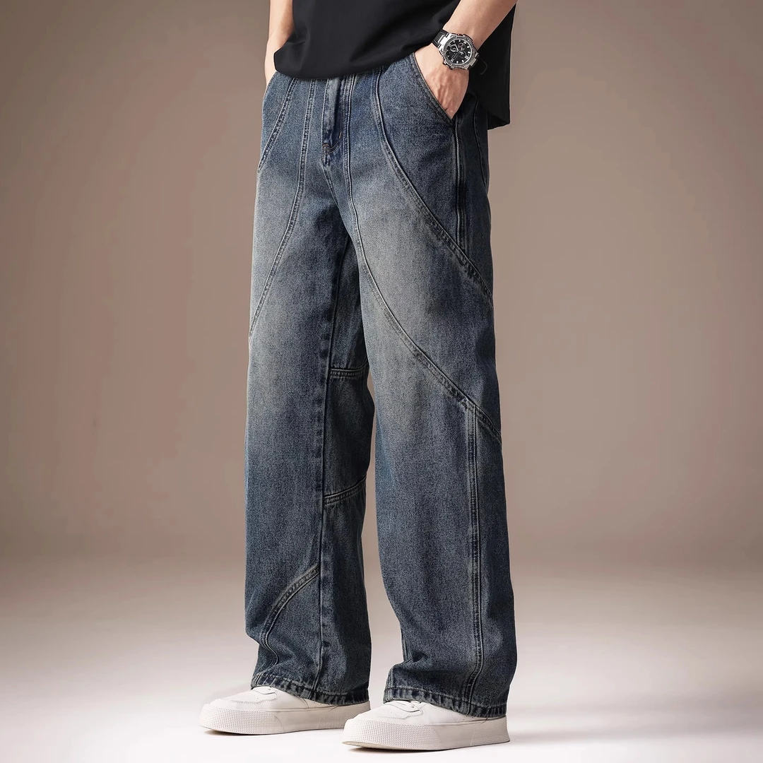 MR.MUDI/穆迪先生高端美式复古弧形破骨水洗牛仔裤男夏季潮牌做旧