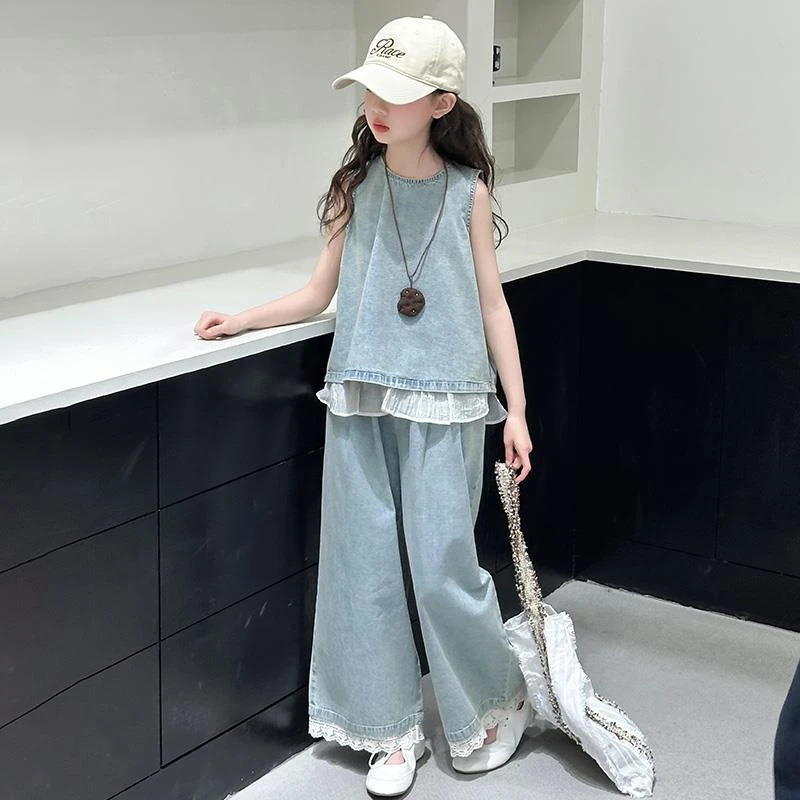 女童夏季牛仔套装2025新款6-12岁洋气薄款花边中大童大童女童夏装