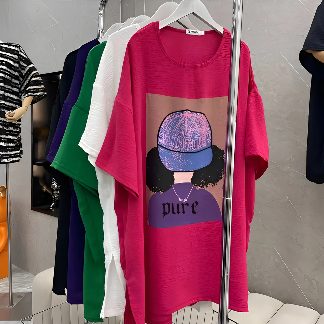 2025新款短袖休闲印花圆领棒球帽女孩宽松侧开叉轻薄透气T恤252