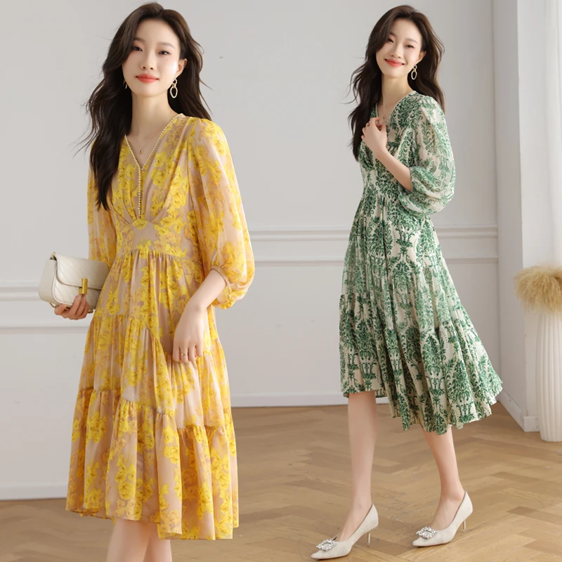 夏装新款高贵女装中长款连衣裙气质收腰显瘦轻奢洋气女