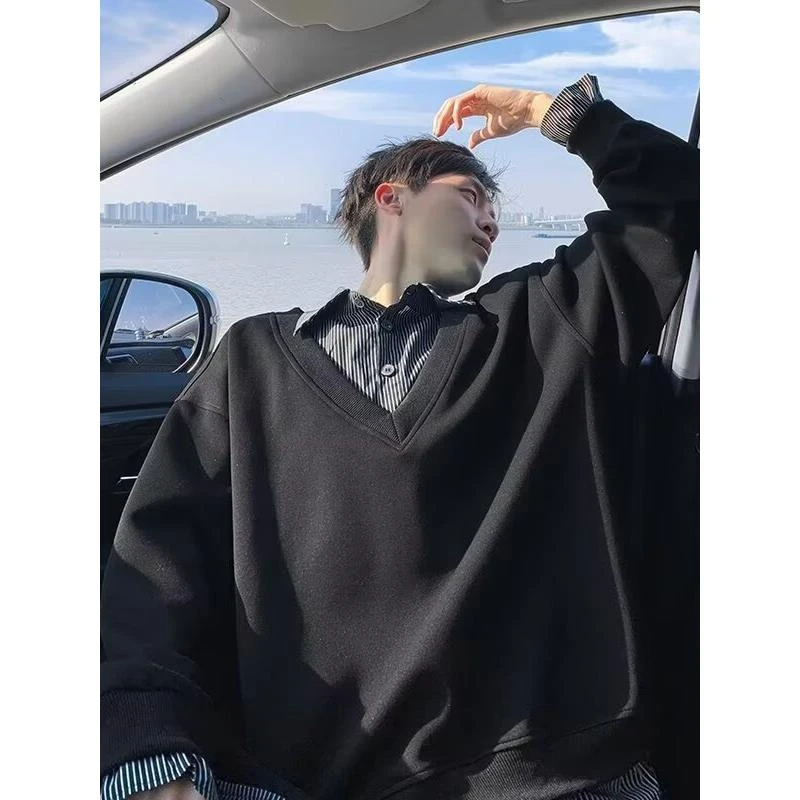 全棉时代假两件灰色重磅卫衣男潮牌新款秋季宽松休闲翻领衫上衣服