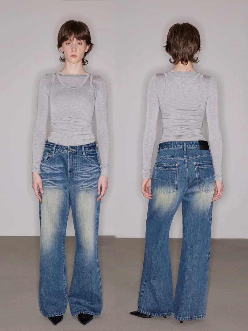 复古立体压褶猫须水洗牛仔裤