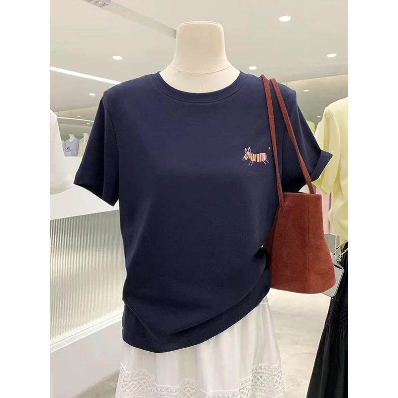 高级感藏青色洋气短袖T恤女2025年夏季爆款韩版显瘦时尚百搭上衣