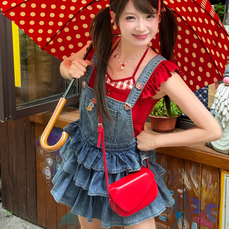 森女部落原创多巴胺小个子穿搭做旧复古蛋糕裙牛仔背带裙女连衣裙