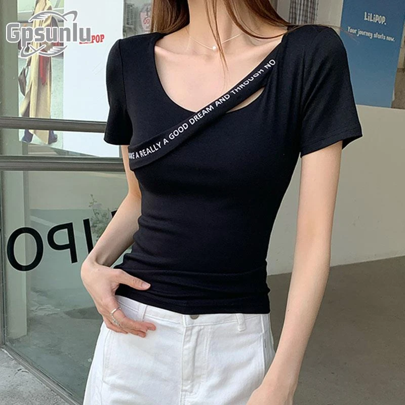 gpsunlu设计感小众字母印花短袖女夏季新款韩版辣妹修身显瘦上衣