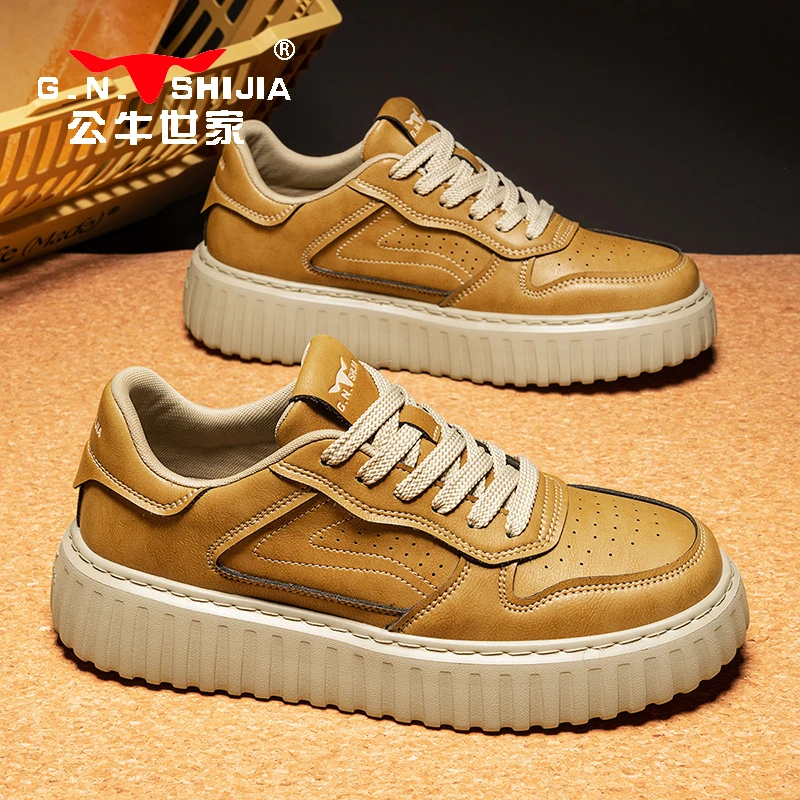 公牛世家男鞋增高爆款新款春季百搭休闲板鞋男士厚底防滑工装潮鞋