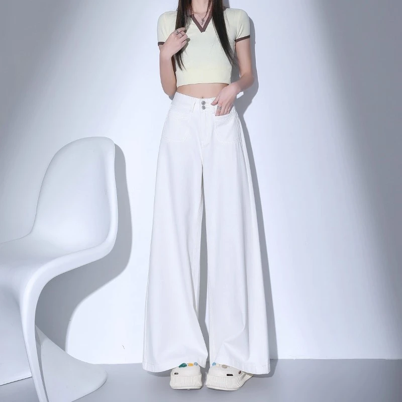 白色阔腿牛仔裤女2025夏季新款双扣设计宽松显瘦小个子直筒拖地裤