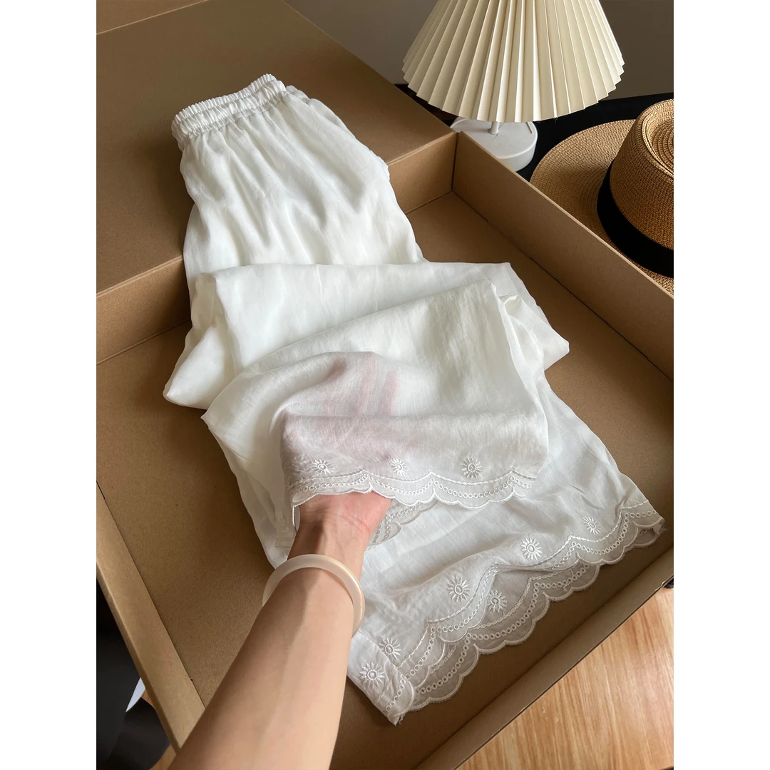 法式花边刺绣白色亚麻休闲直筒裤女2025夏新款轻薄透气垂感阔腿裤