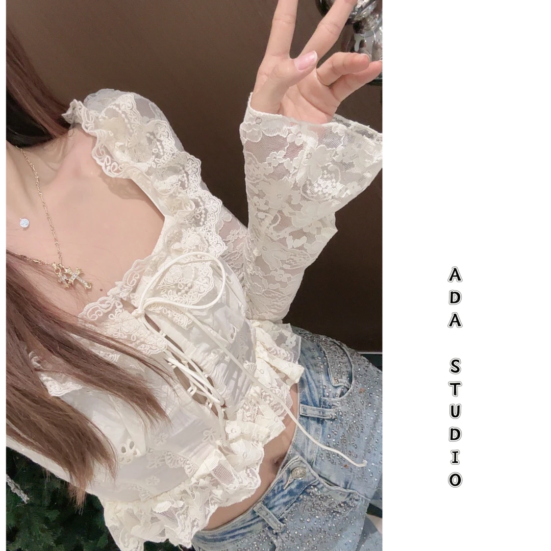 Ada定制【田园风情】法式复古田园风设计感蕾丝镂空绑带衬衫小衫