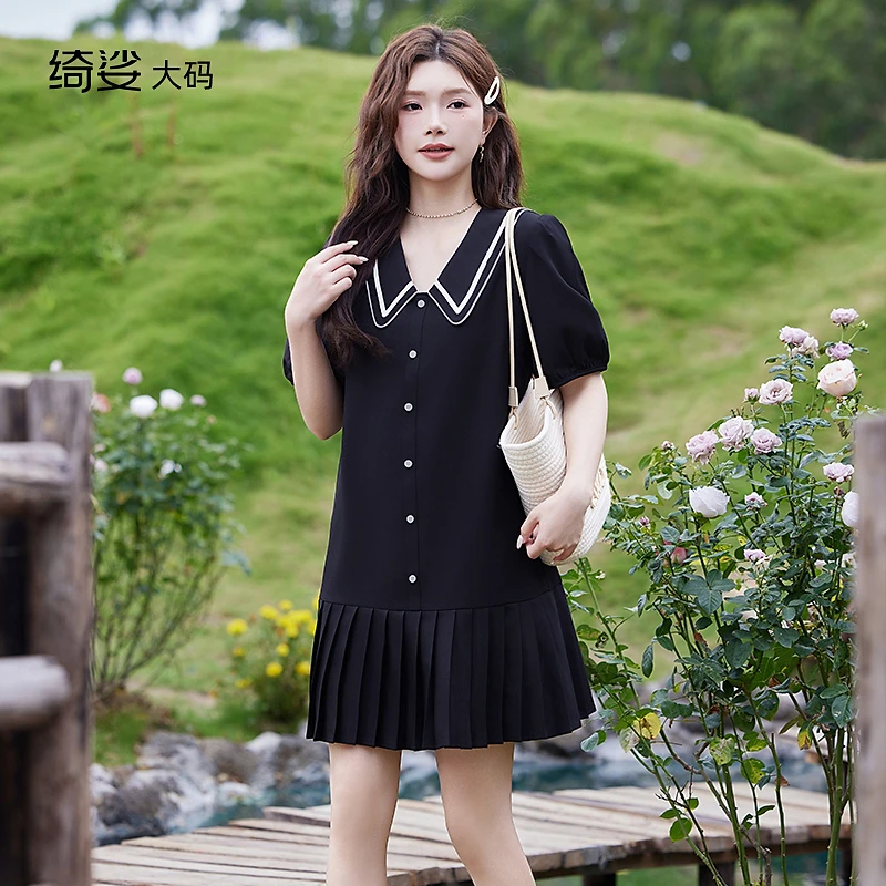 2025夏装新款宽松直筒遮肉显瘦百搭短袖学院风减龄百褶连衣裙