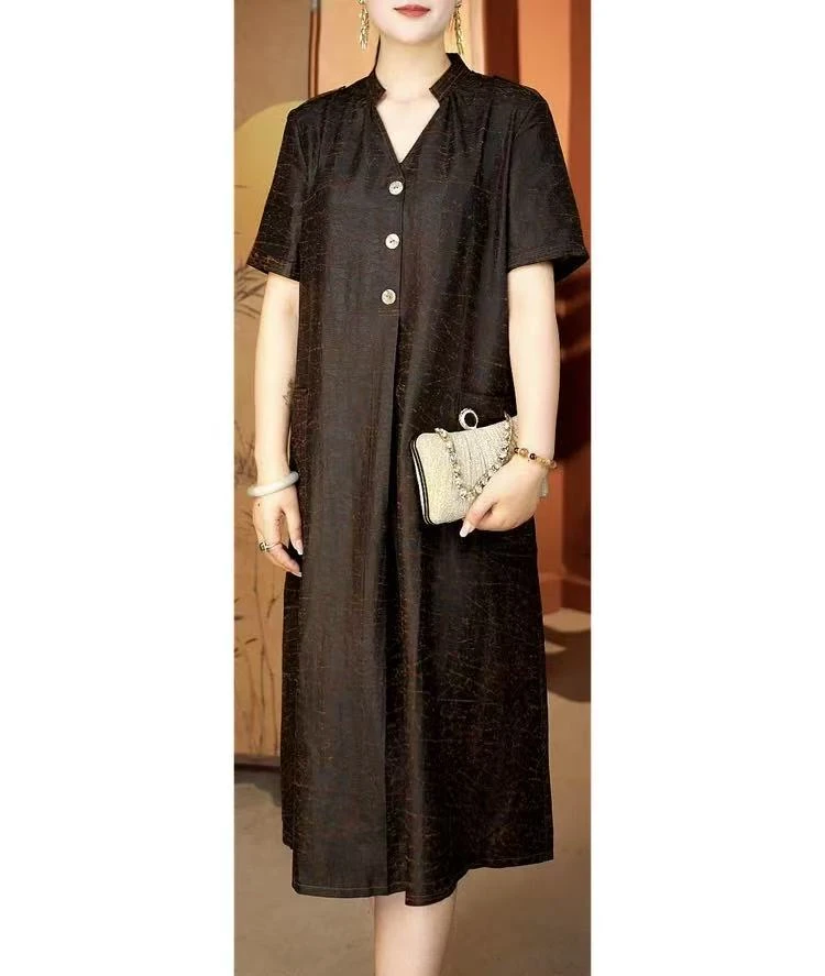 贵夫人86-老料金龟裙子黑色长裙洋气V领桑蚕丝老料金龟气质连衣裙