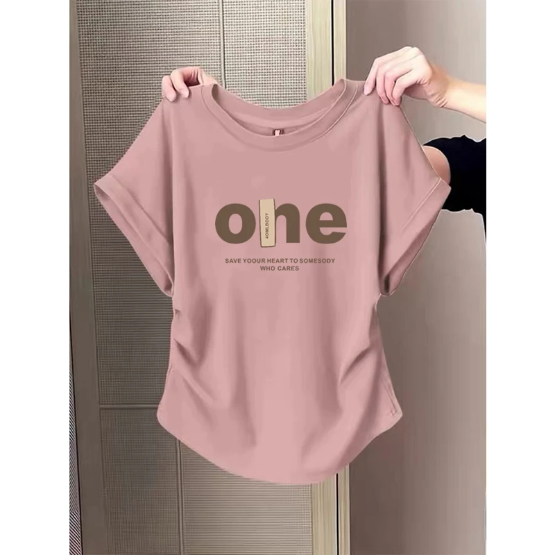 小飞袖褶皱正肩短袖t恤女夏季2025新款设计感收腰显瘦圆领上衣潮