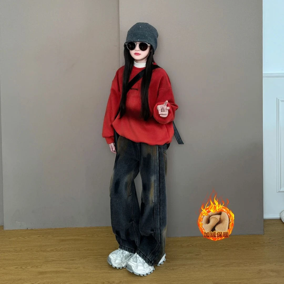 女童加绒秋冬装2025新款洋气韩版休闲潮酷宽松卫衣阔腿牛仔裤套装