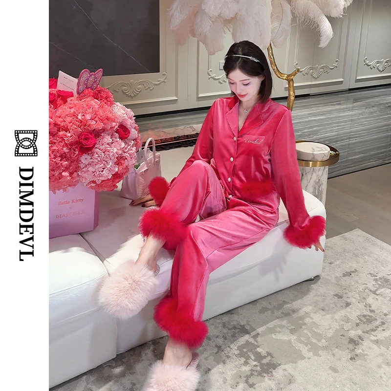 DIMDEVL/汀黛莓果蜜语轻奢玫红金钻丝绒毛毛袖春秋可外穿家居服