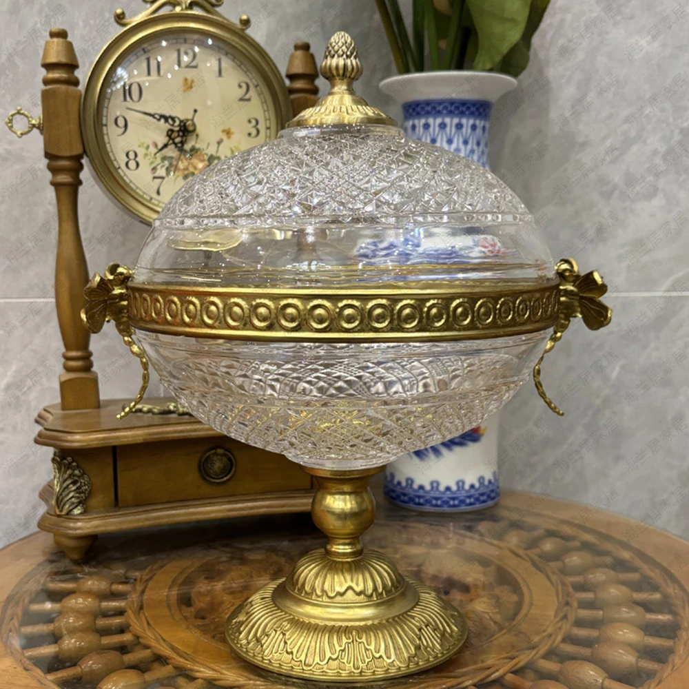 全铜大号二合一水晶玻璃欧式田园蜻蜓糖果盒水果托盘