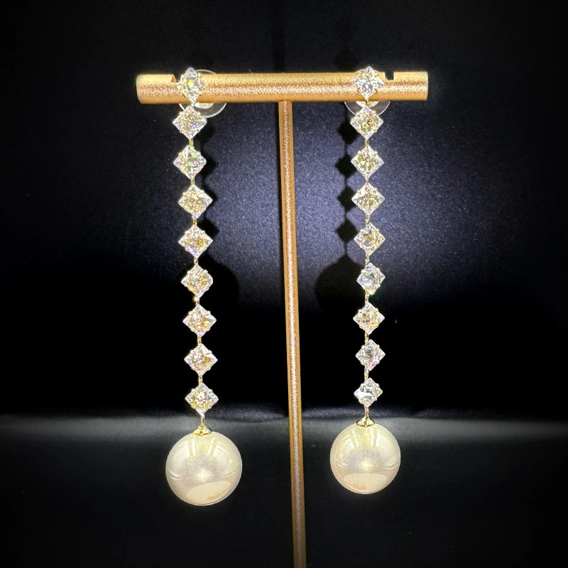 铜合金耳饰 超闪锆石长款流苏珍珠耳坠女气质优雅时尚耳环耳钉ins