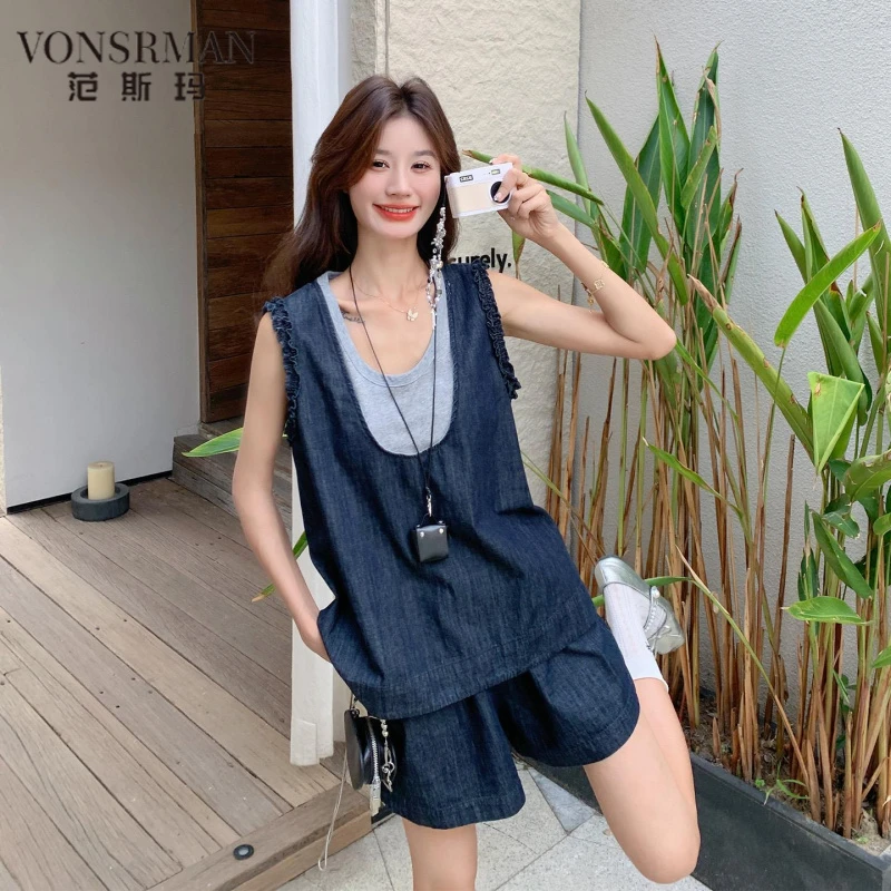 夏日ootd穿搭复古牛仔套装女2025新款减龄休闲无袖背心短裤两件套