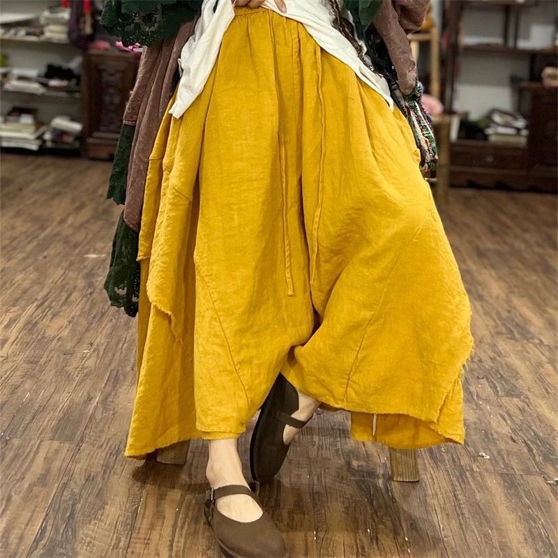 素喜光阴文艺亚麻不规则松紧腰系带裙裤春季新款百搭时尚裙裤女