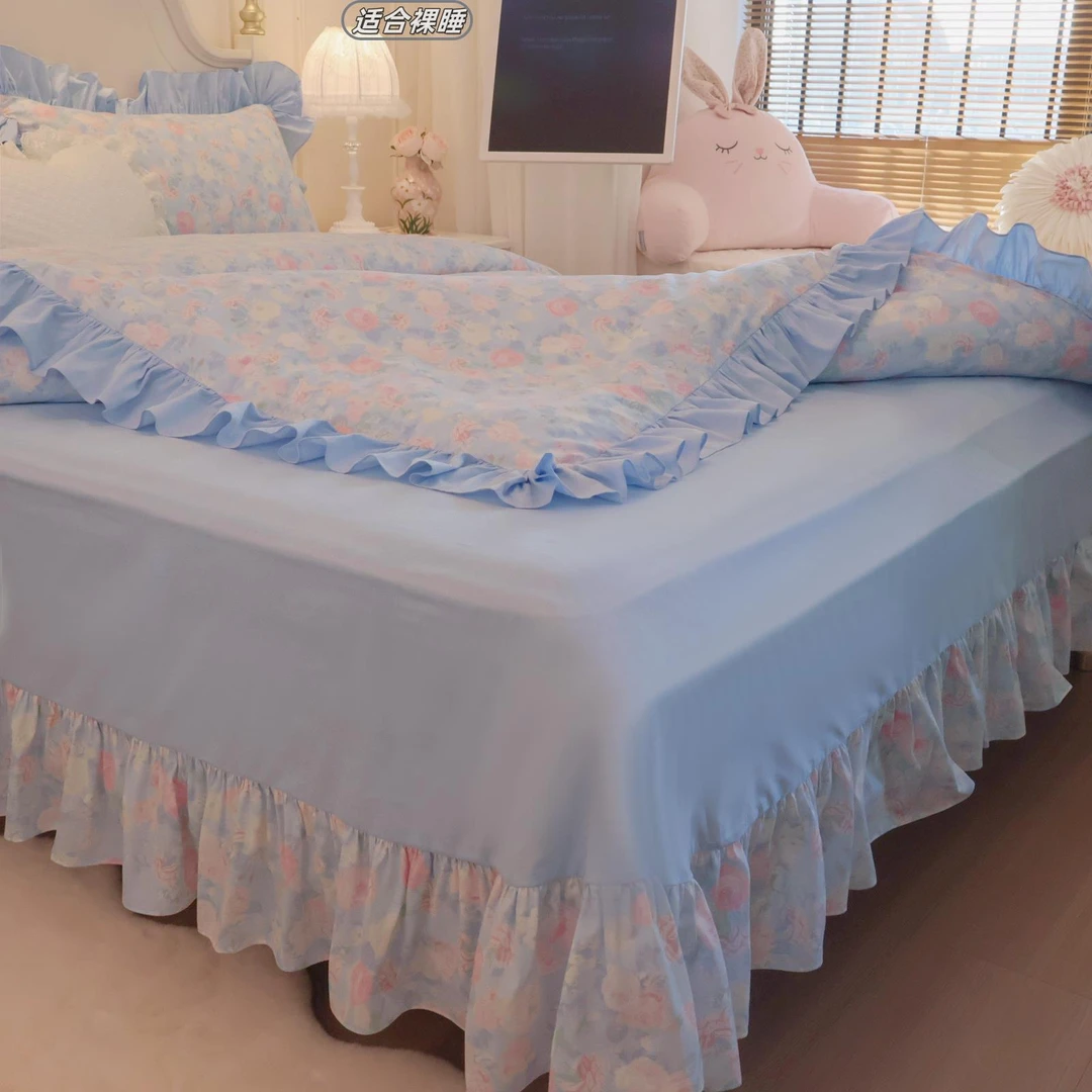 水星高端家纺全棉纯棉A类法式公主风荷叶边床上四件套