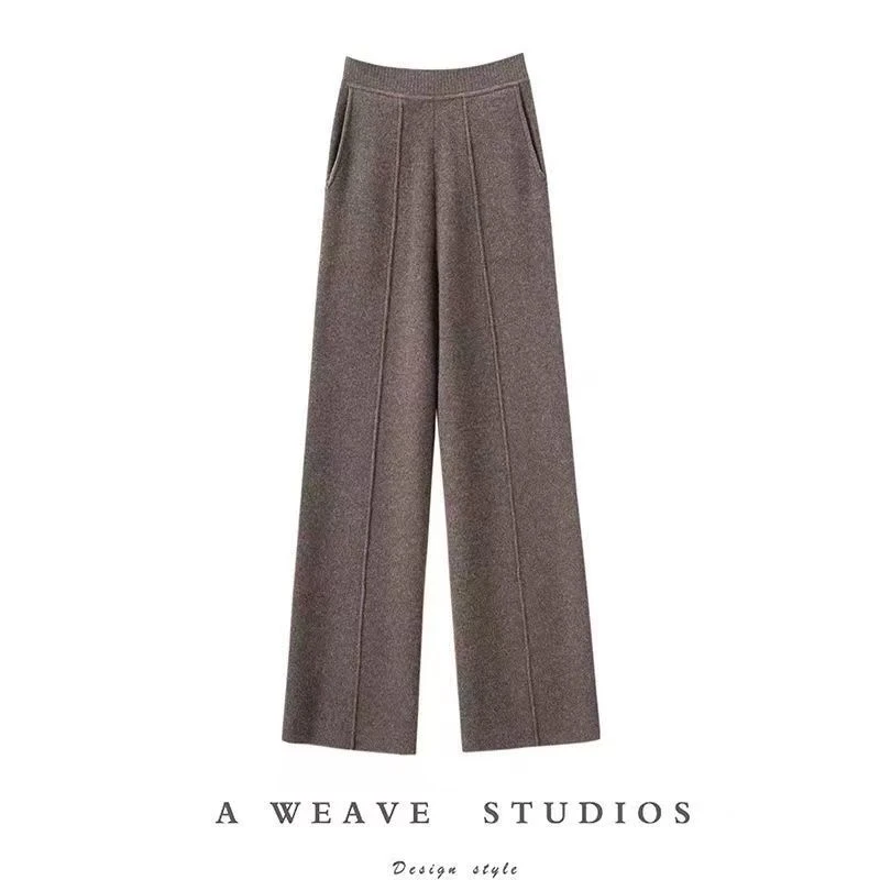【中缝带兜】羊绒高腰直筒裤休闲裤有垂感的裤子秋季垂感宽松-Z