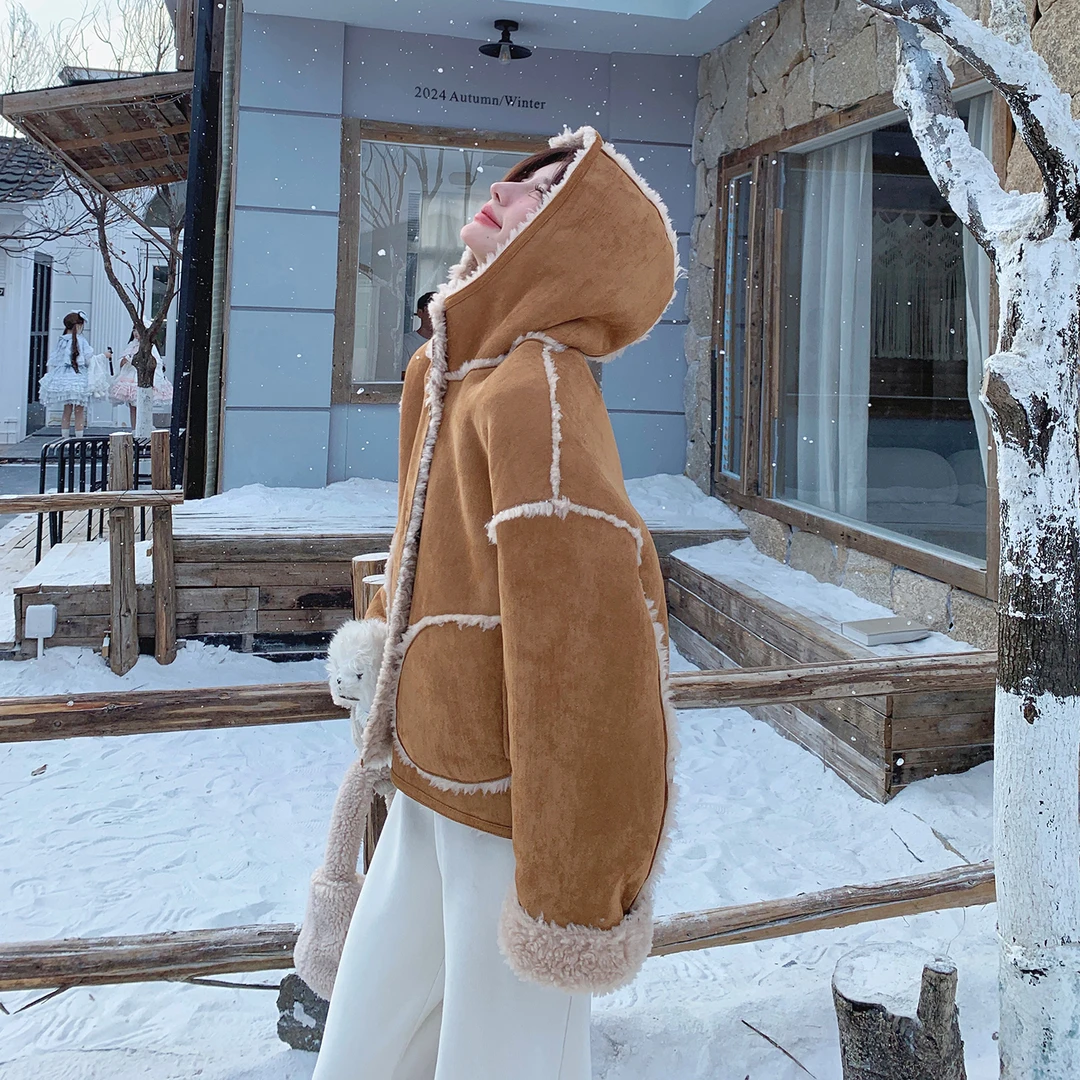 韩系复古冬季加绒加厚麂皮绒外套女2025新款网红街头气质机车棉服