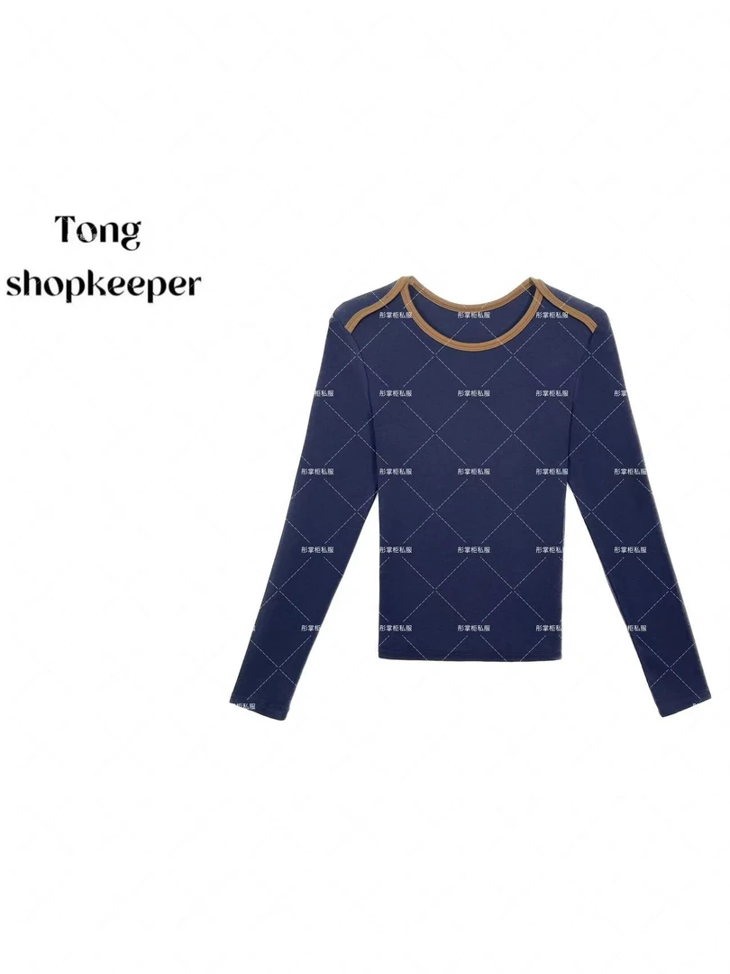 QJ/彤掌柜1682366 秋款25掌柜拼色条纹羊毛天丝时尚领口设计上衣