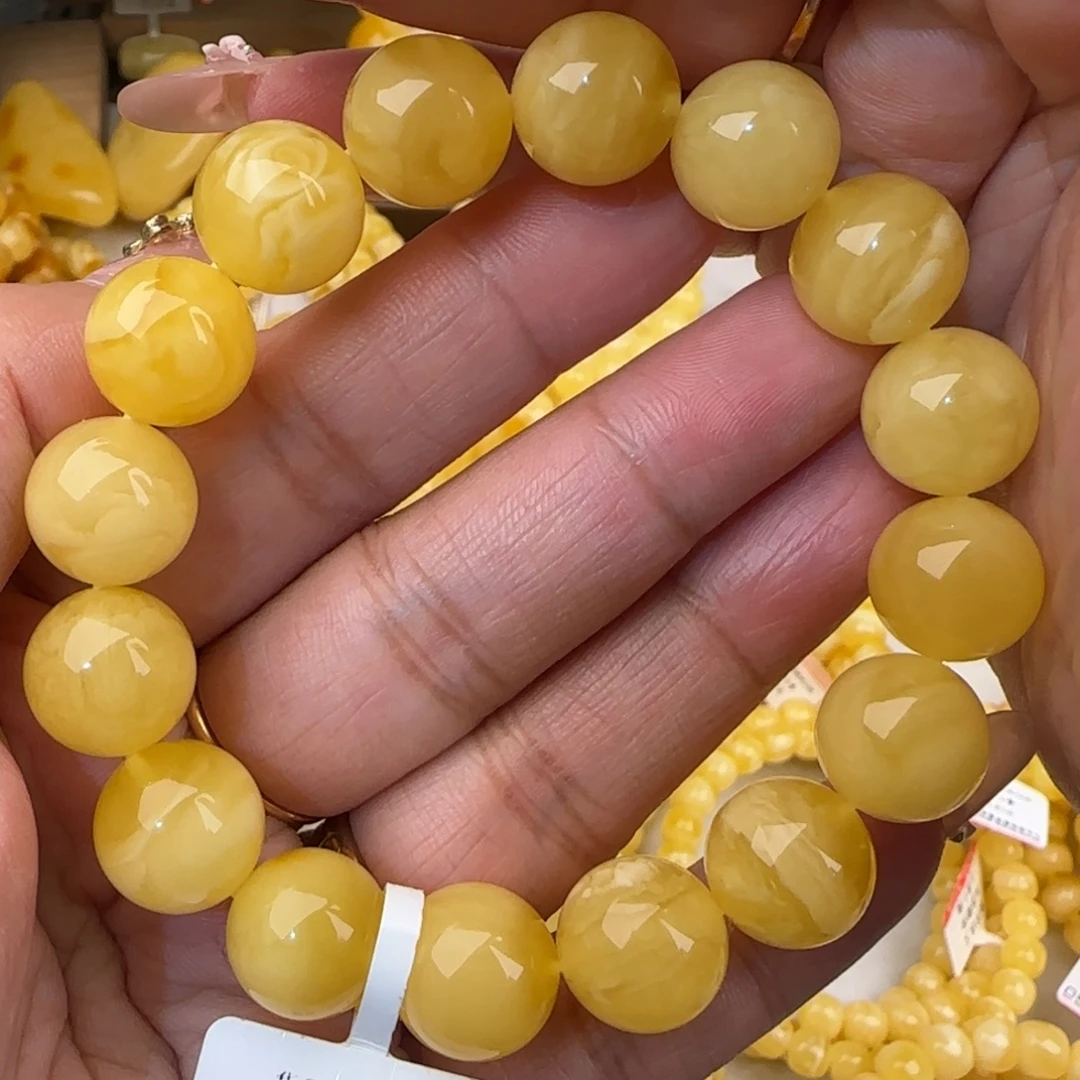 蜜蜡未镶嵌手链黄白花圆珠手串