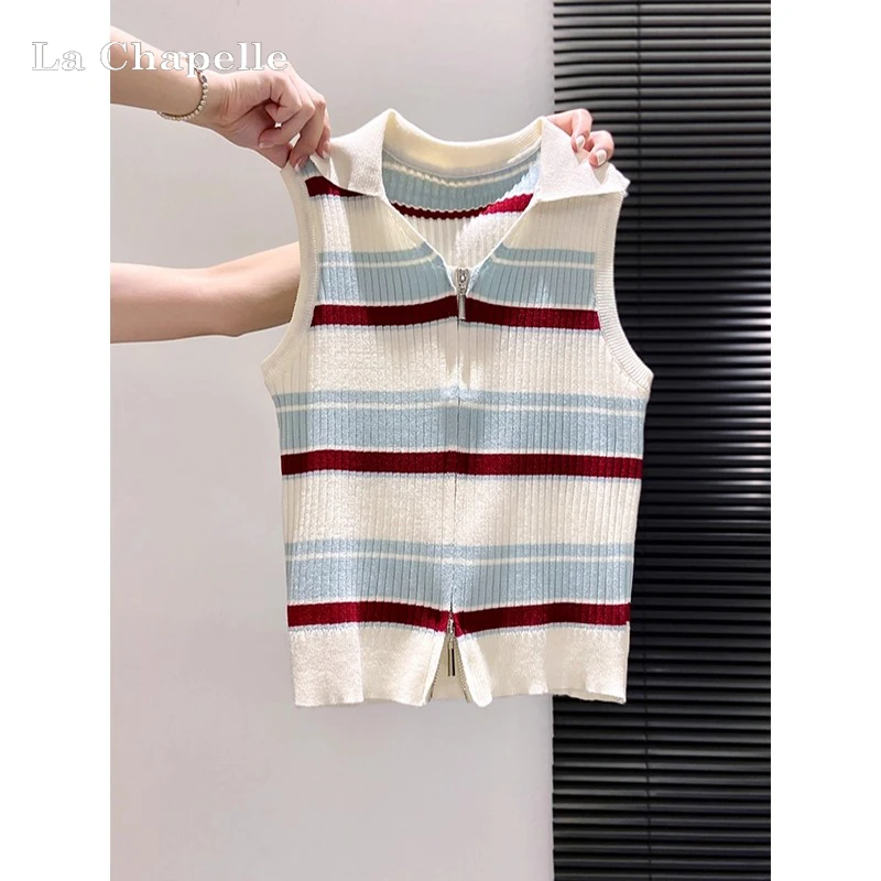 拉夏贝尔撞色条纹polo领针织无袖背心女夏新款修身短款小上衣外穿