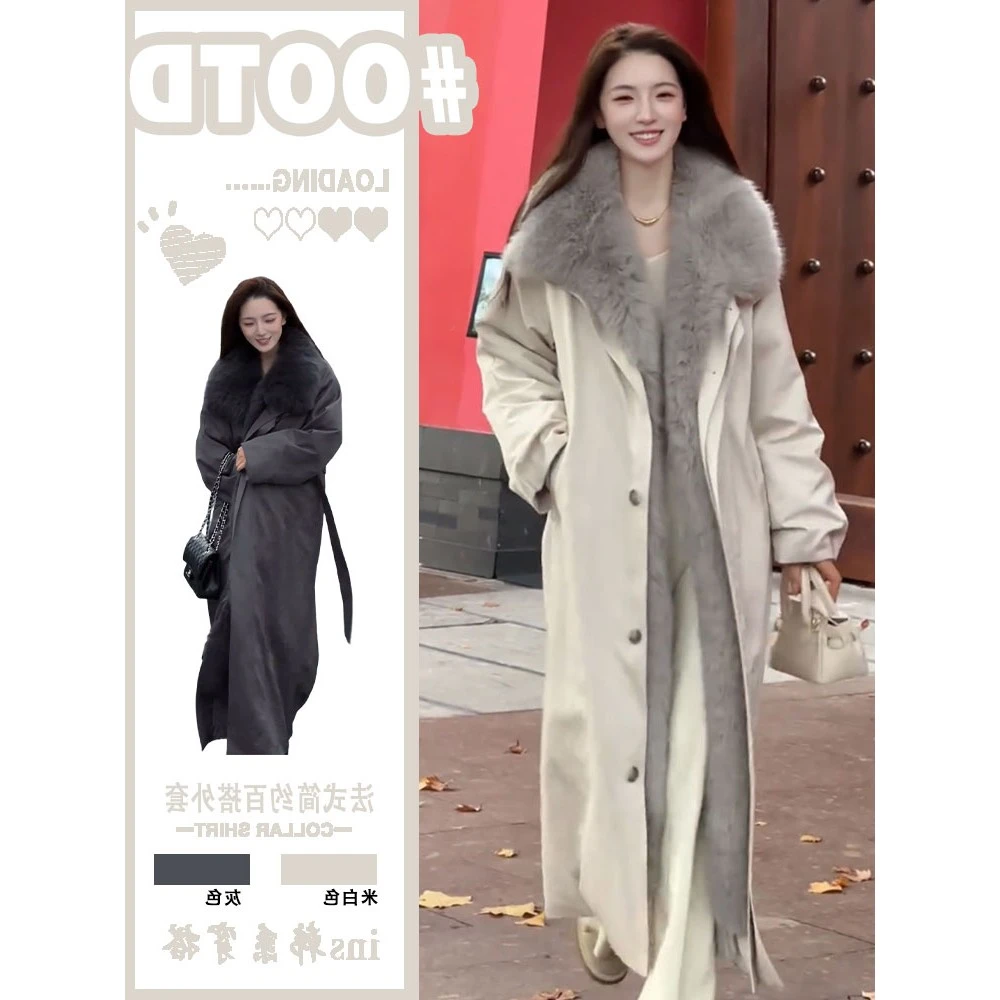 韩系长款环保皮草风衣外套女2025新款加厚毛领派克服显