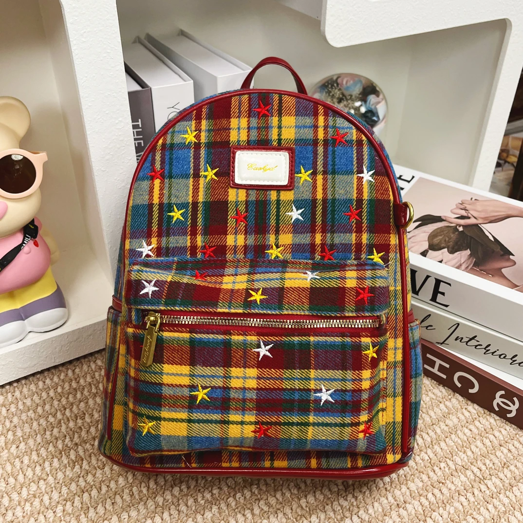 新款毛呢红格子星星大号双肩包时尚大学生上课出游轻便必备背包