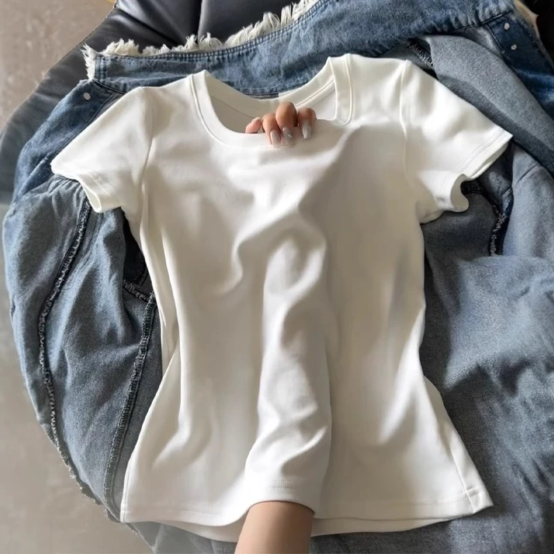 短袖夏日正肩t恤女2025新款夏季u圆领修身显瘦打底衫收腰白色上衣