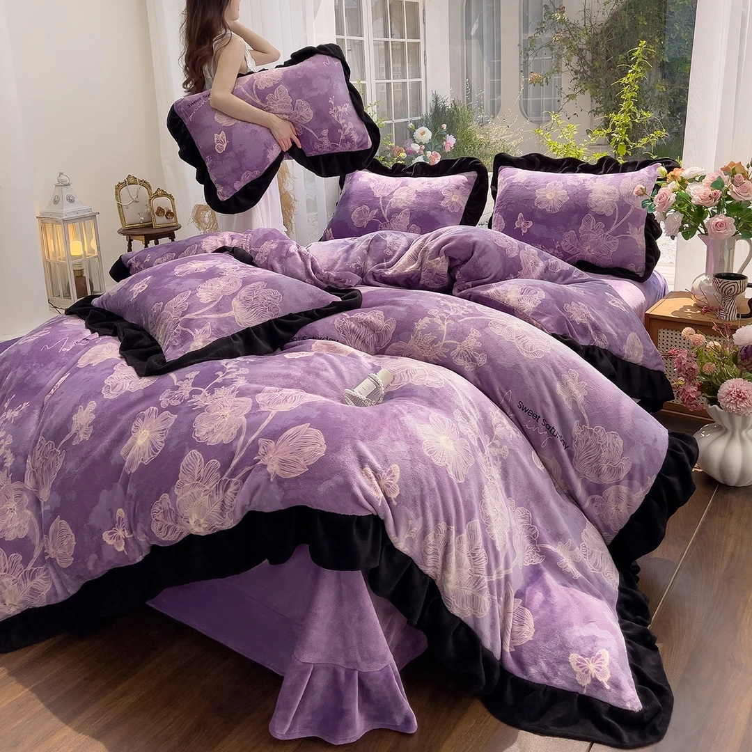 新款赫本风牛奶绒床裙款黑色花边四件套花边款 8-9 斤加厚面料