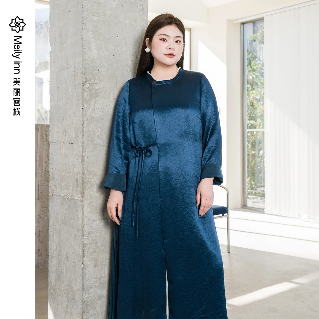 美丽客栈原创高端大码女装胖mm中长款加肥加大醋酸缎面风衣外套春