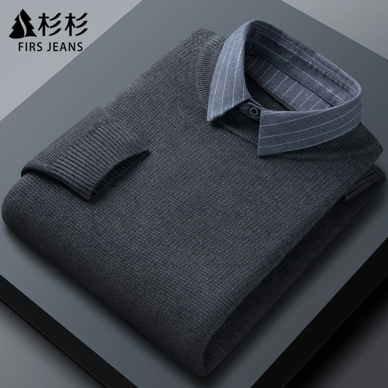 FIRS JEANS杉杉假两件男士毛衣男款衬衫秋季外套打底针织衫男秋冬