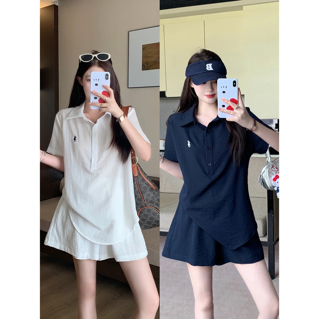 现货2025年大码女装夏季新款时尚套装短袖衬衣短裤两件套显瘦运动