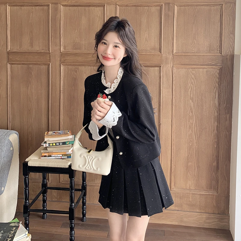 黑色法式名媛小香风上衣套装裙女2025春季新款小个子半身裙两件套