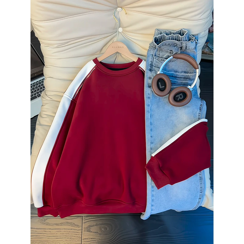 美式重磅撞色圆领卫衣男女秋冬加绒加厚正肩长袖t恤套头内搭上衣