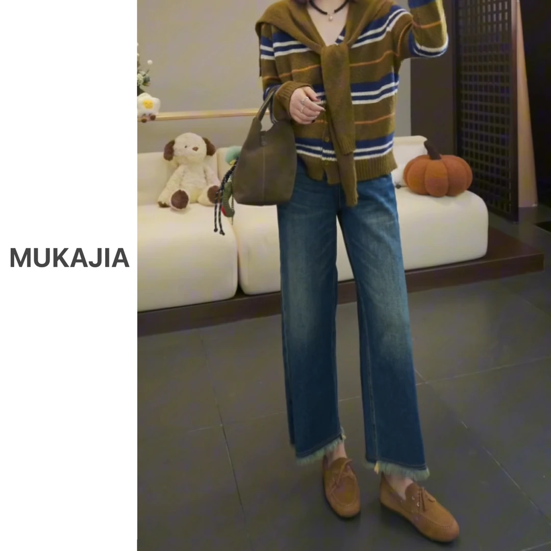 木卡家【毛边牛仔裤】定制款秋新款休闲百搭复古蓝色牛仔裤配腰带