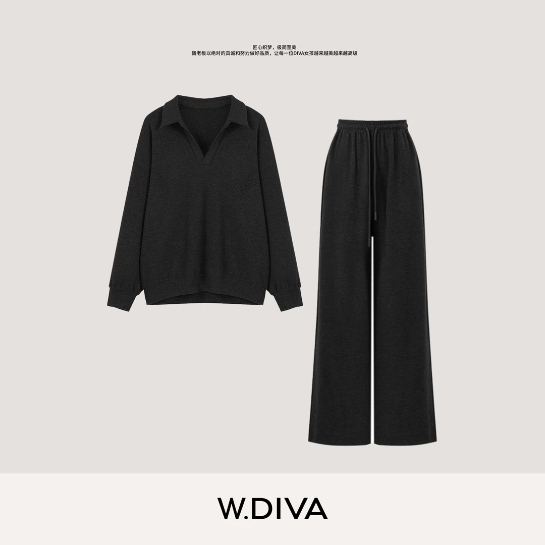 W.Diva【执念】羊毛松弛都市轻运动V领卫衣POLO休闲套装53D103086