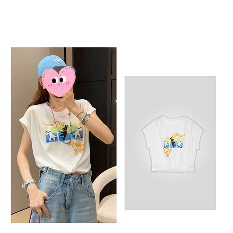 慵懒松弛感简约圆领复古印花短袖T恤女夏季新款透气休闲百搭上衣