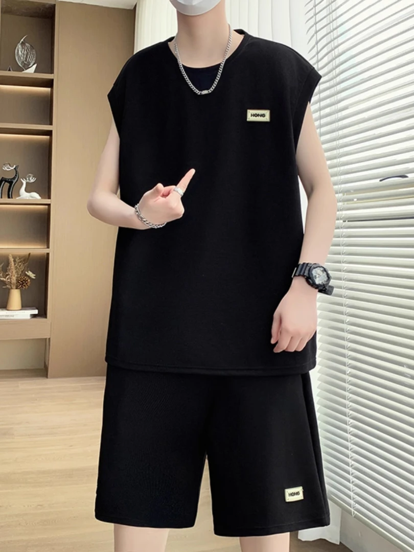 休闲运动套装男夏季无袖T恤背心潮牌男装短袖短裤搭配一整套衣服