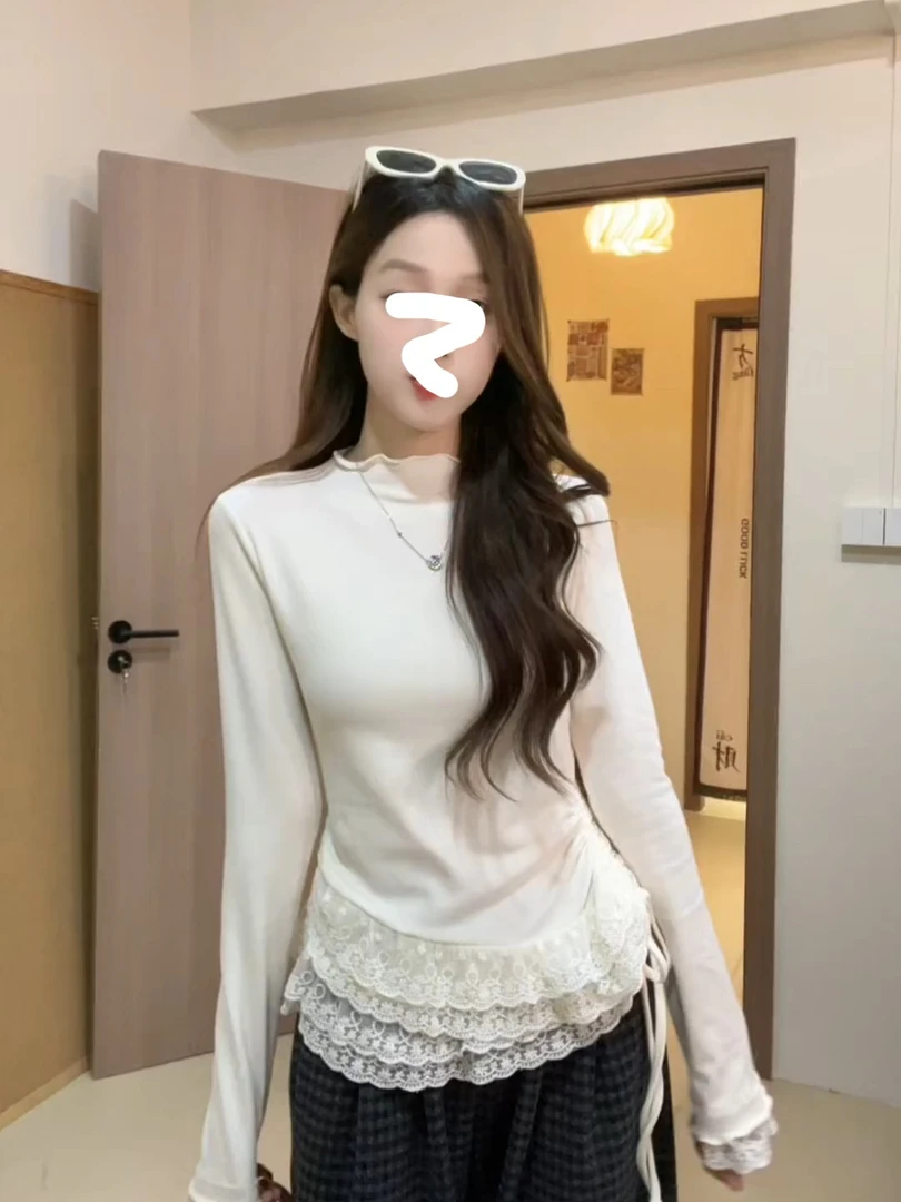 【8288】法式加绒内搭打底衫大码胖mm设计感蕾丝花边T恤显瘦上衣女